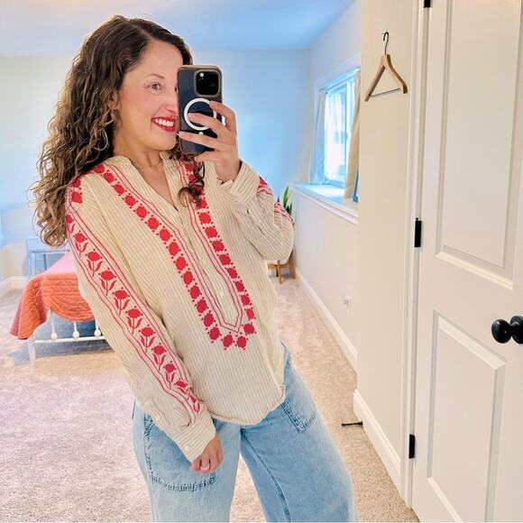 J. Crew Tan Pink Embroidered Linen Tunic Top Small - Picture 1 of 15